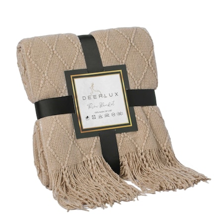 Decorative Diamond Pattern Knit Throw Blanket With Fringe, Khaki